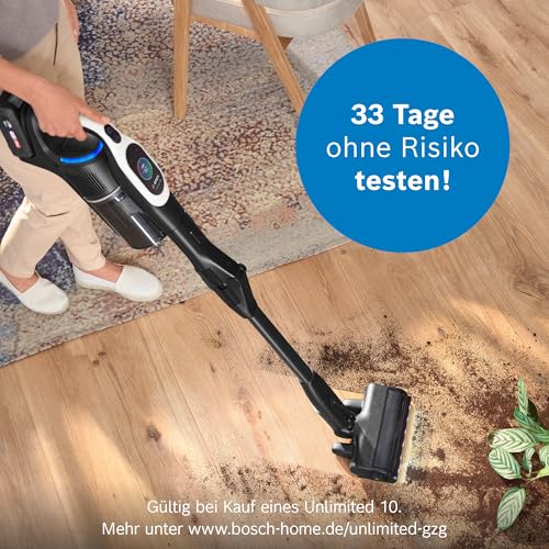 Bosch Unlimited 10 Akku-Staubsauger BTS1042WAC | Kabellos, MicroClean, HEPA, TFT-Display, 2×4Ah Akku, LED, Weiß